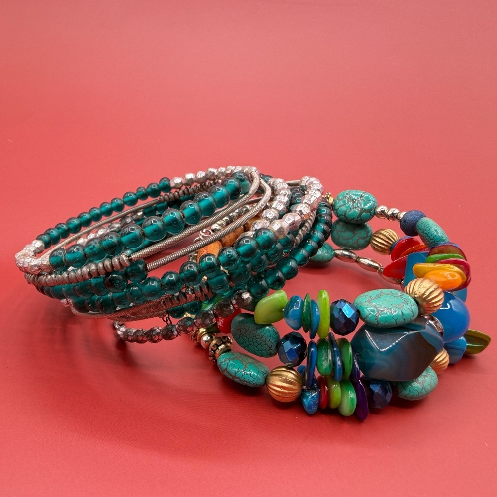 Boho Bracelet Set Turquoise Multicolor Beaded Teal Glass Memory Wire Statement